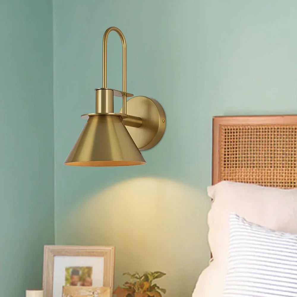 Mid-Century Wall Sconce with Cone Shade and Brass Arm - Brass Shade Above Bed