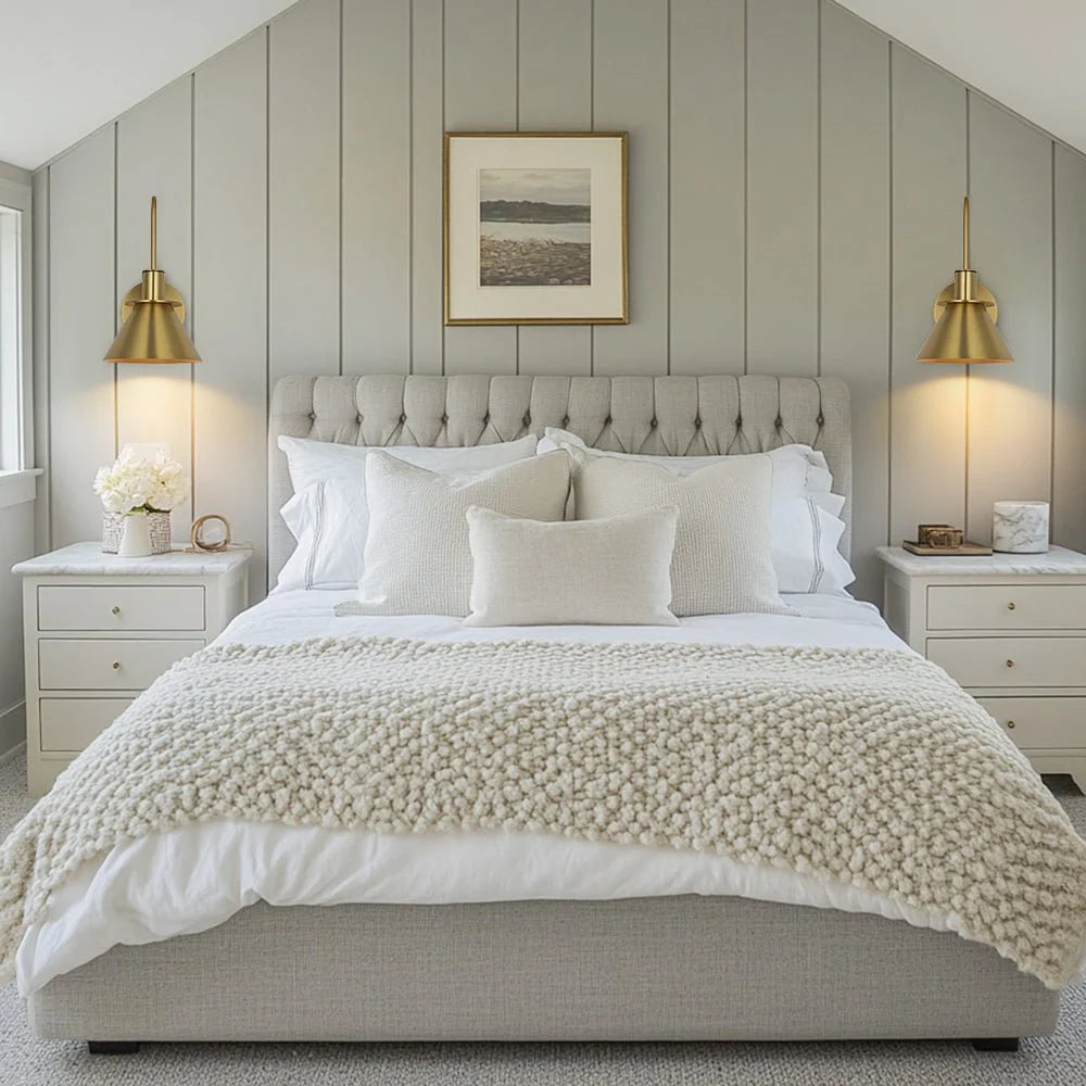 Mid-Century Wall Sconce with Cone Shade and Brass Arm - Pair of Brass Sconces Either Side of Bed