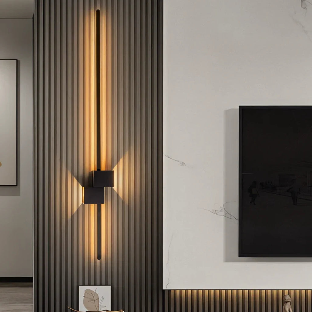 Up & Down LED Wall Light - Black Finish Mounted Vertically on Slatted Wall