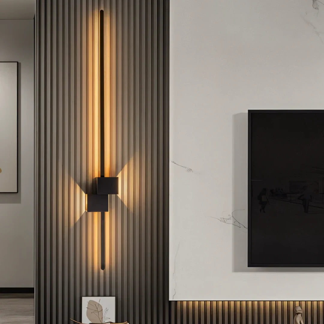 Up & Down LED Wall Light - Black Finish Mounted Vertically on Slatted Wall