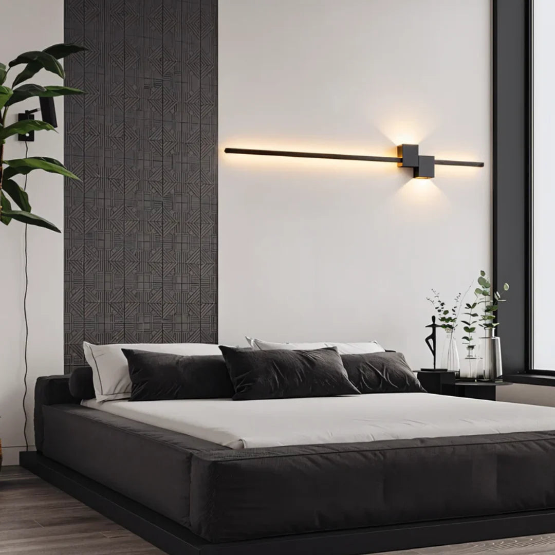 Up & Down LED Wall Light - Black Finish Above Bed with Dark Feature Wall