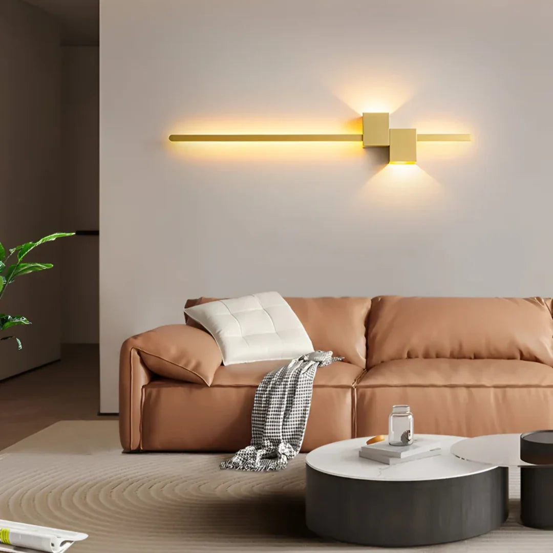 Up & Down LED Wall Light - Gold Finish Above Sofa