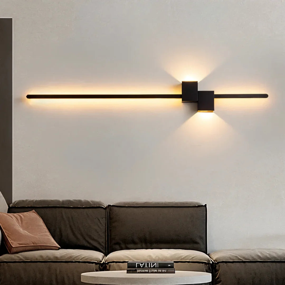 Up & Down LED Wall Light - Black Finish Above Sofa, Close View