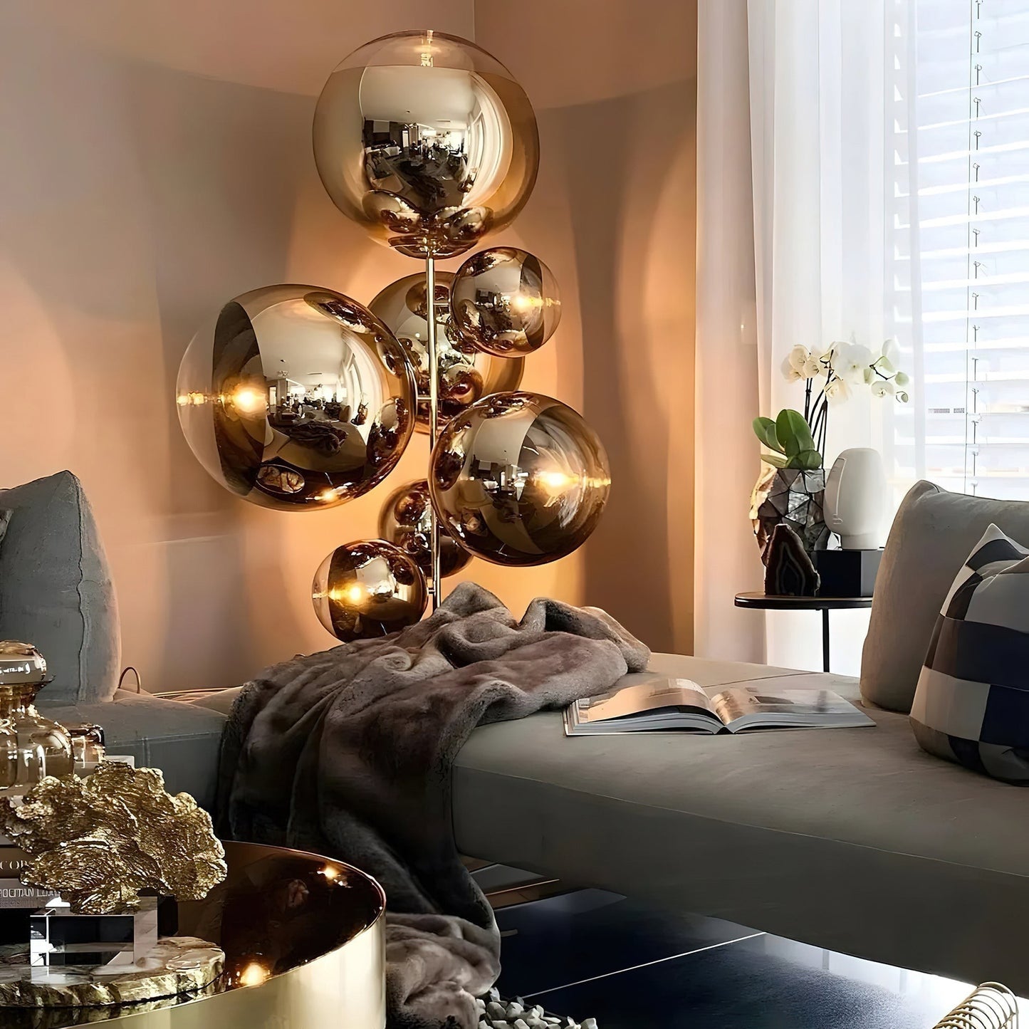 90cm Transparent Glass Sphere Floor Lamp | 170cm Mirror Ball E26