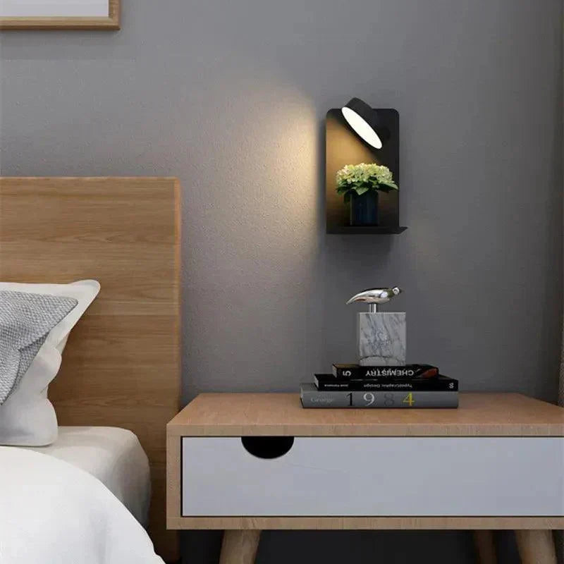 LED Bedside Wall Light with Shelf and USB Port - Black Finish Above Bedside Table