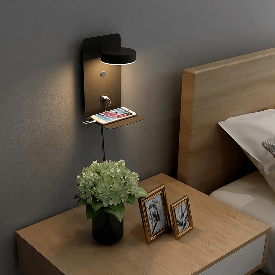 LED Bedside Wall Light with Shelf and USB Port - Black Finish with Phone Charging on Shelf