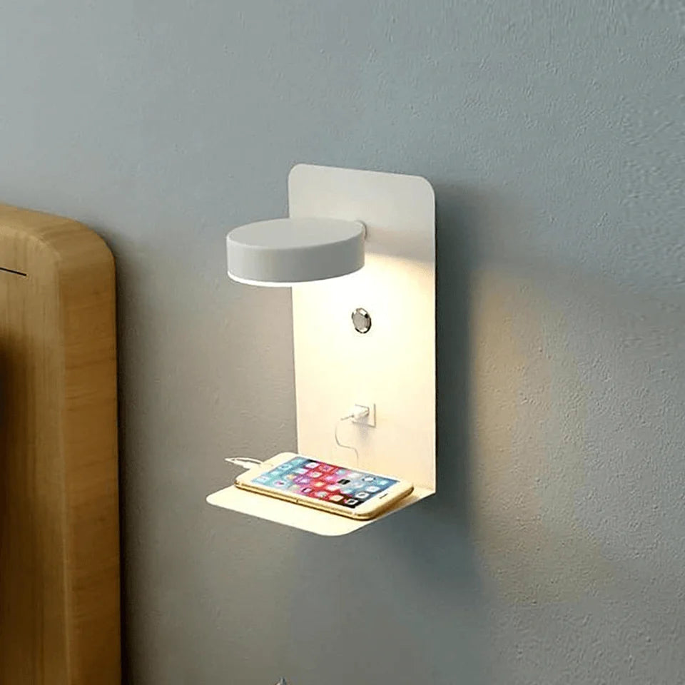 LED Bedside Wall Light with Shelf and USB Port - White Finish with Phone on Shelf