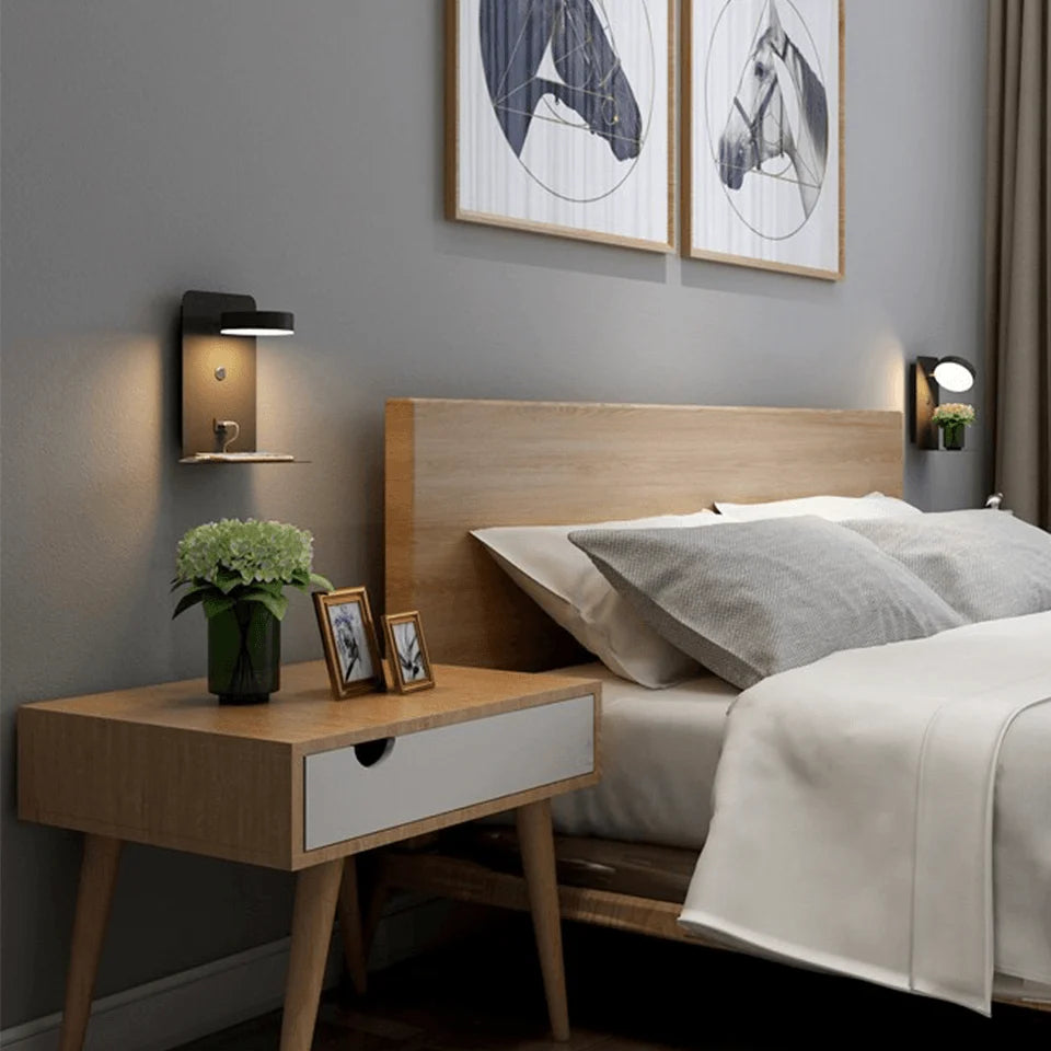 LED Bedside Wall Light with Shelf and USB Port - Pair Either Side of Bed
