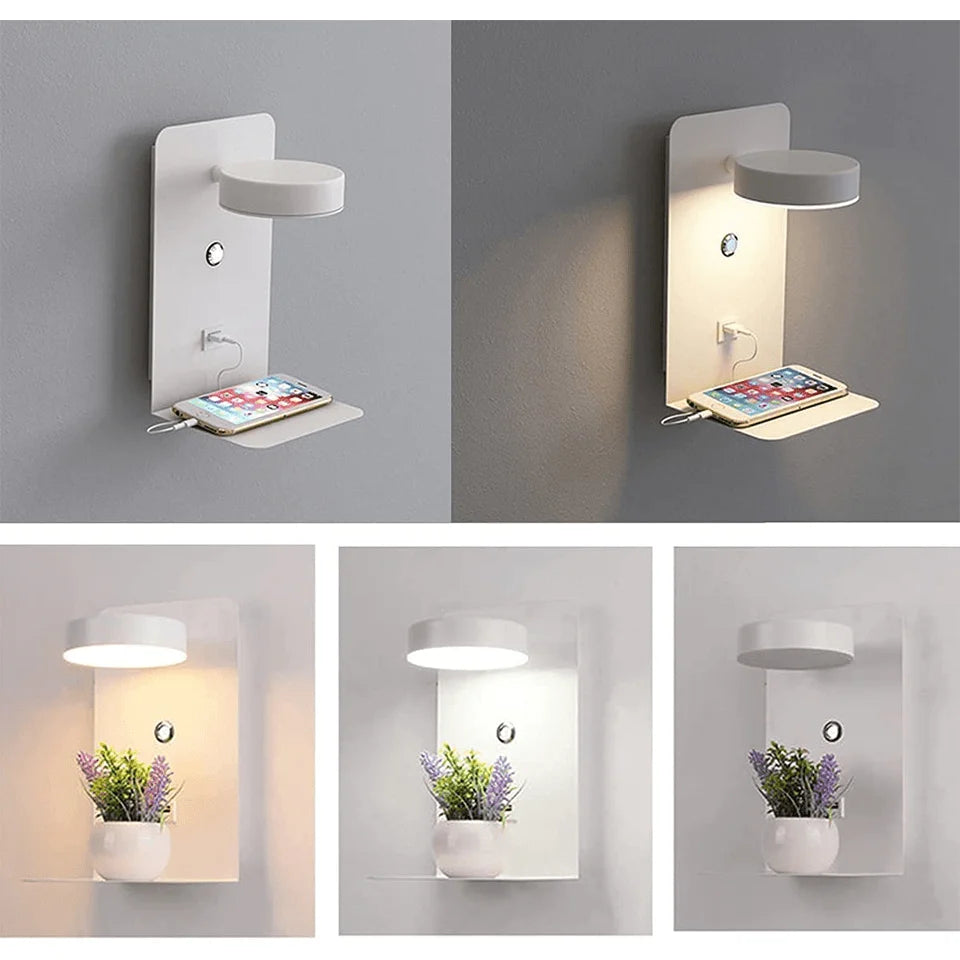 LED Bedside Wall Light with Shelf and USB Port - White Finish Showing Charging and Light Tones
