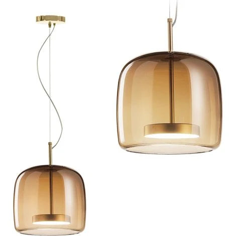 Tinted Glass Pendant Light - Two Amber Shade Shapes on White