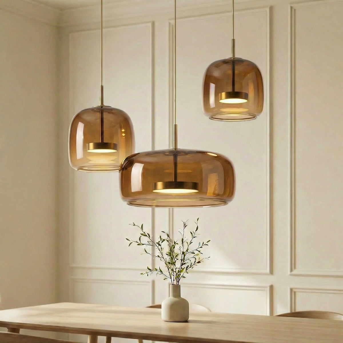 Tinted Glass Pendant Light - Three Amber Pendants Above Dining Table
