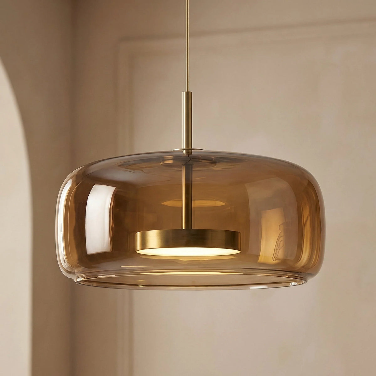 Tinted Glass Pendant Light - Amber Wide Shade, Lit