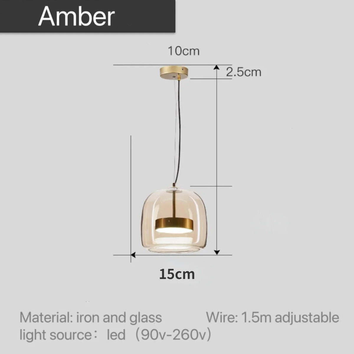 Tinted Glass Pendant Light - Amber Single Pendant with Dimensions, 15cm Shade