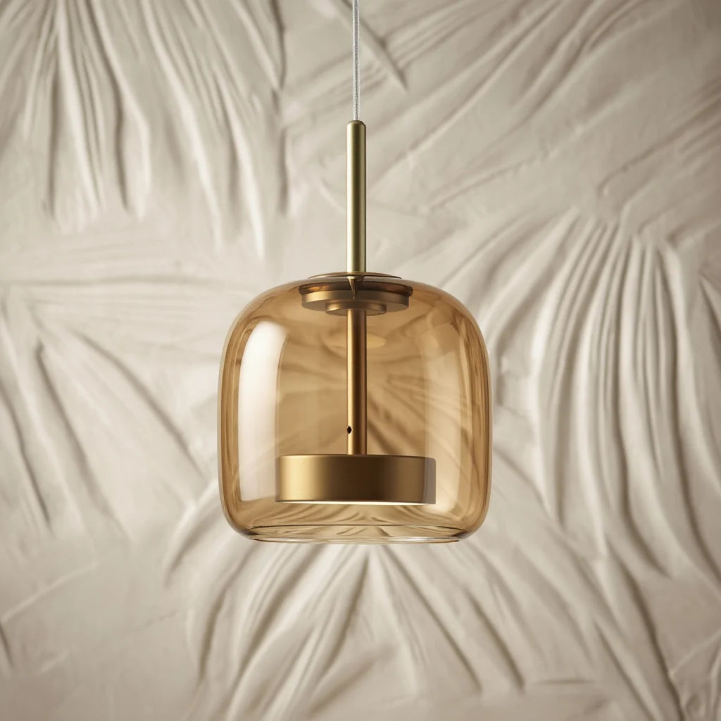 Tinted Glass Pendant Light - Amber Pendant Against Textured Wall