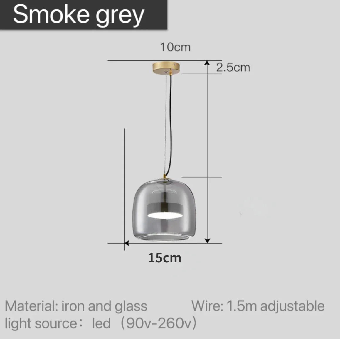Tinted Glass Pendant Light - Smoke Grey Single Pendant with Dimensions, 15cm Shade