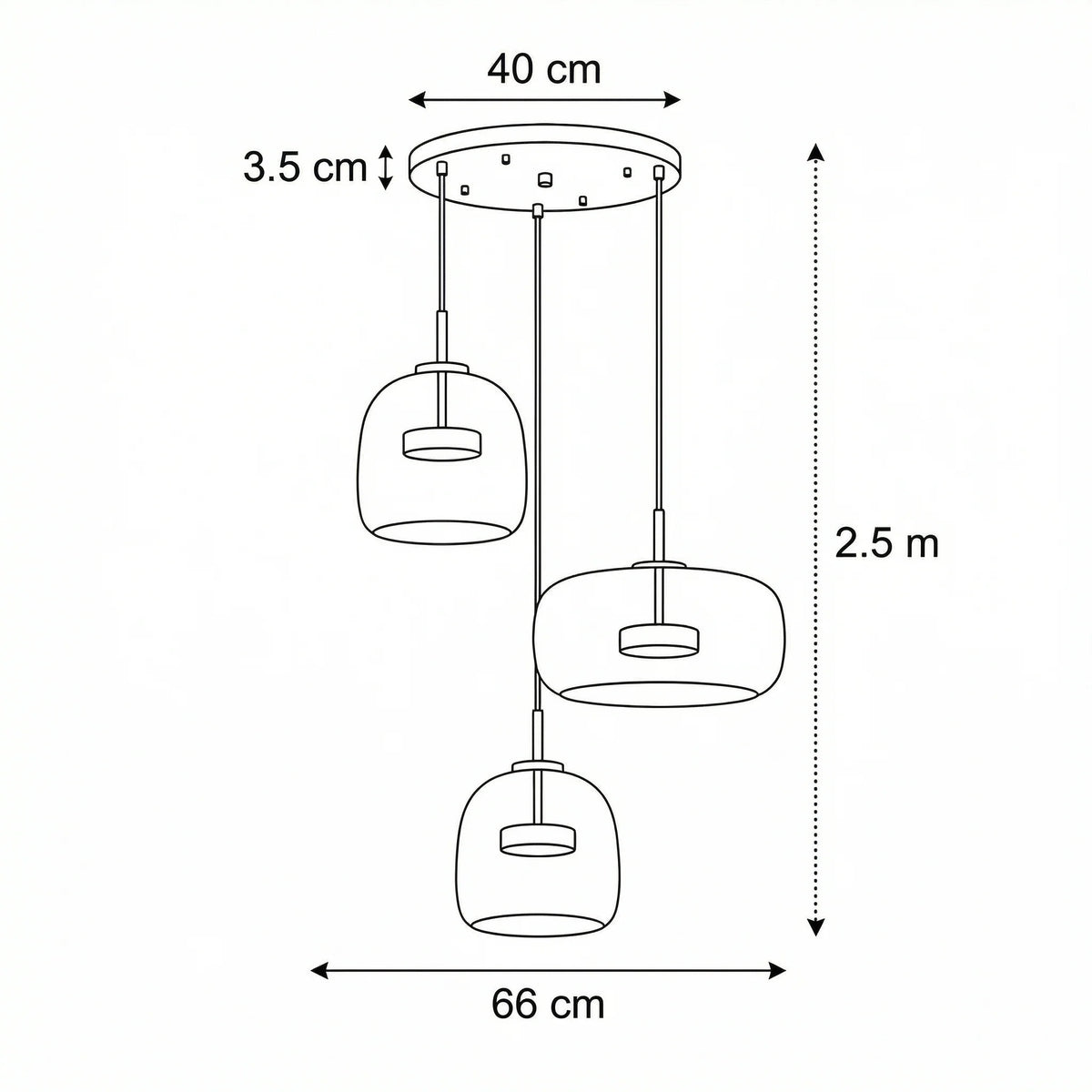 Tinted Glass Pendant Light - Three-Light Cluster Dimensions, 40cm Canopy, 2.5m Drop