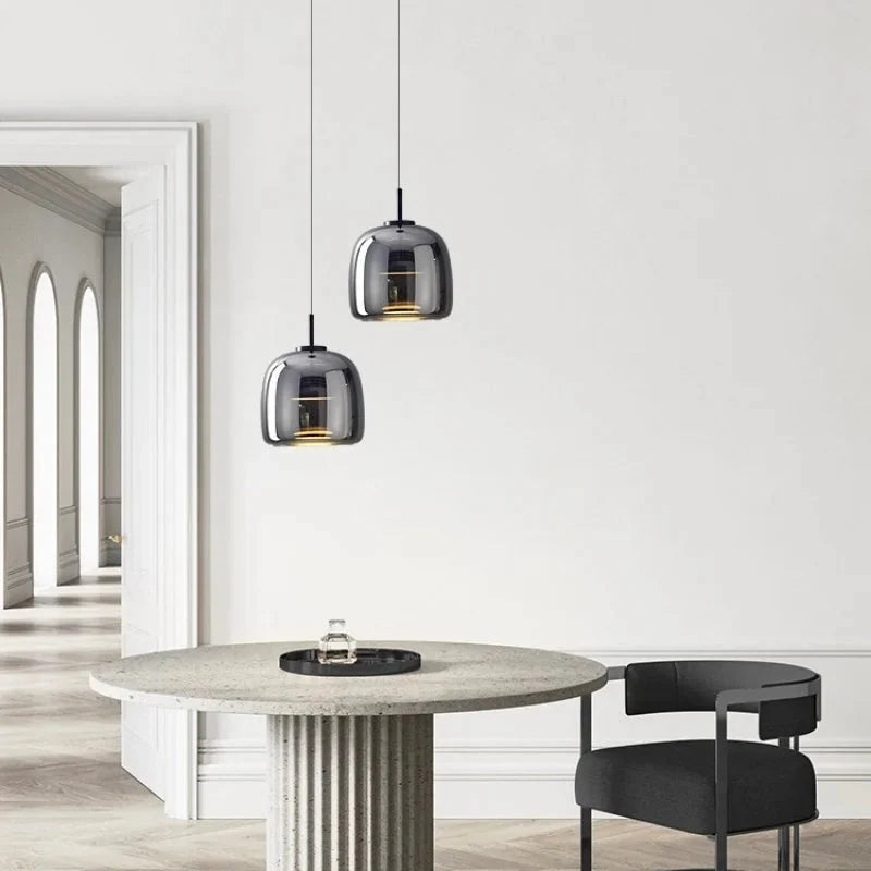 Tinted Glass Pendant Light - Two Smoke Grey Pendants Above Round Table