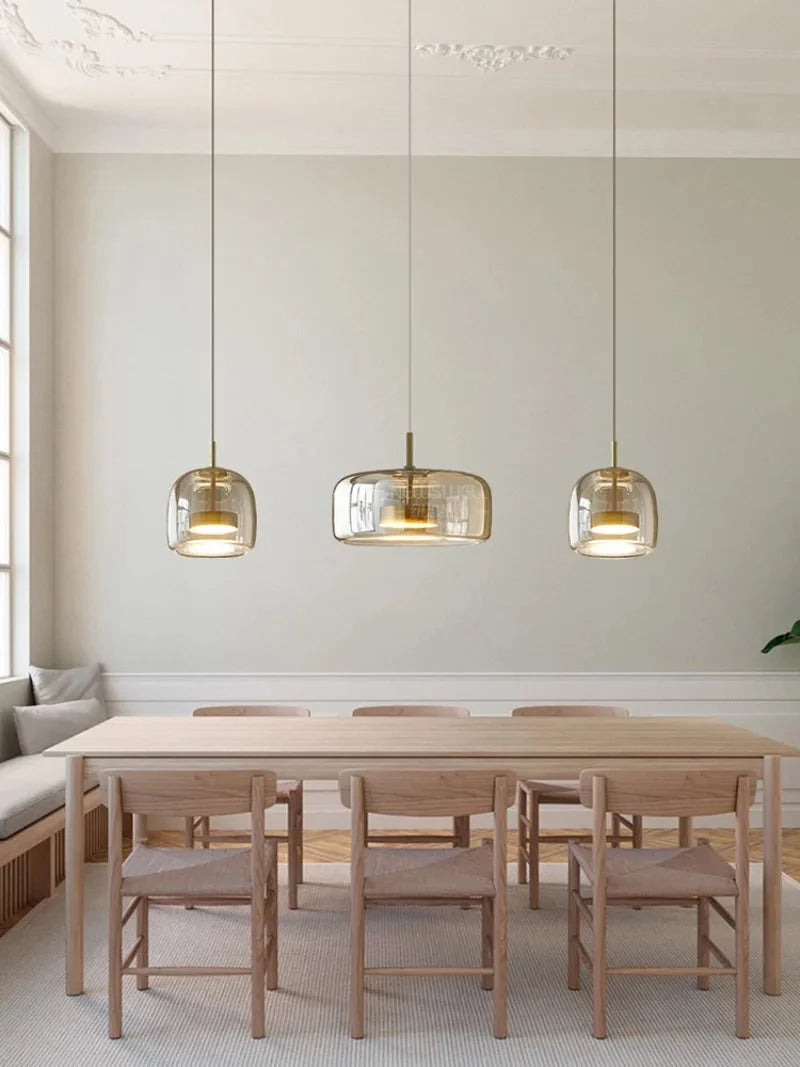 Tinted Glass Pendant Light - Three Pendants Above Long Dining Table