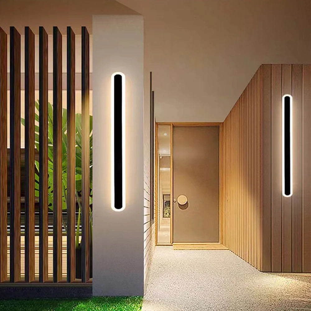 Black Linear Outdoor Wall Light - Pair at Entrance Path