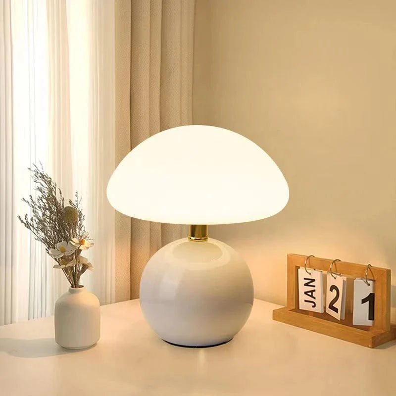 Ceramic Mushroom Table Lamp with 3-Tone LED - White Base on Bedside Table