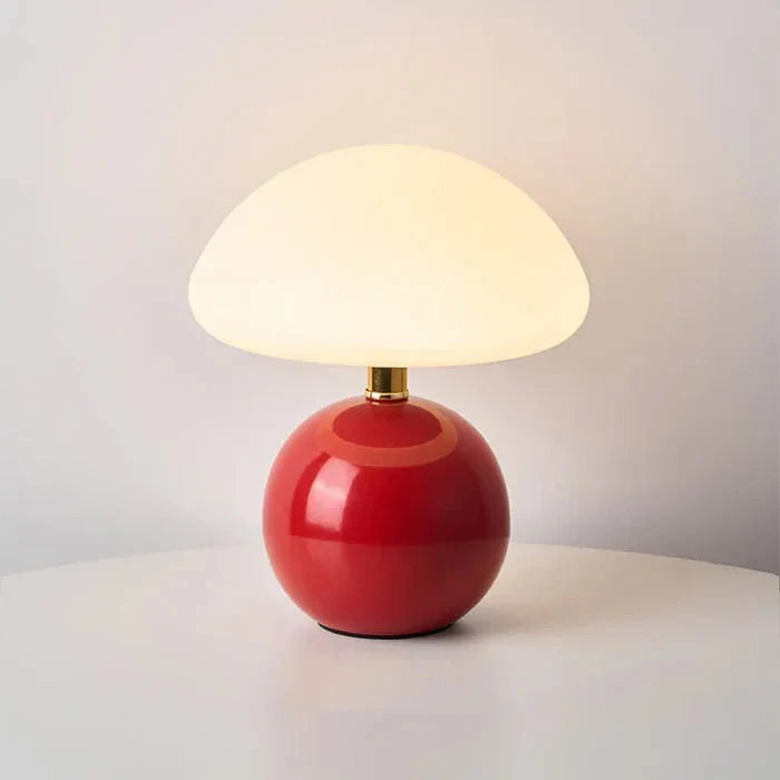 Ceramic Mushroom Table Lamp with 3-Tone LED - Red Base, Lit
