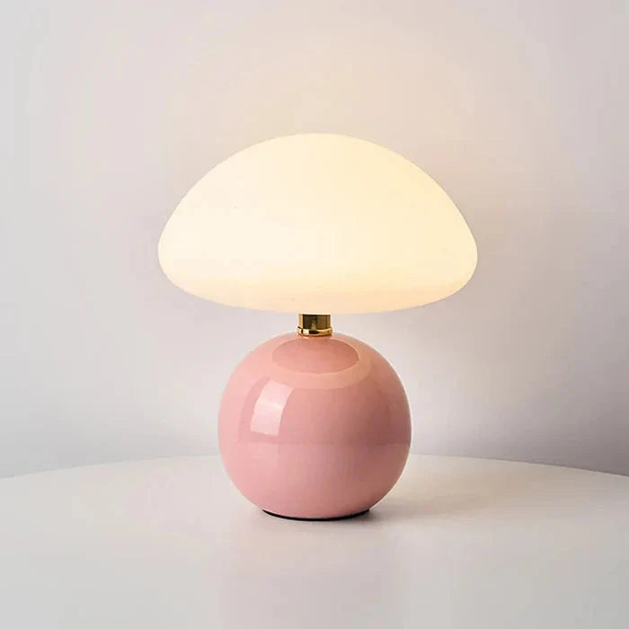 Ceramic Mushroom Table Lamp with 3-Tone LED - Pink Base, Lit