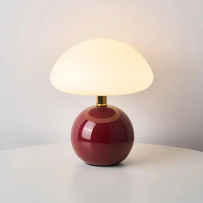 Ceramic Mushroom Table Lamp with 3-Tone LED - Dark Red Base, Lit