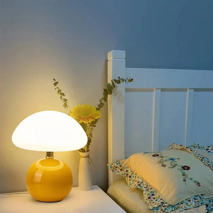 Ceramic Mushroom Table Lamp with 3-Tone LED - Orange Base Beside Bed