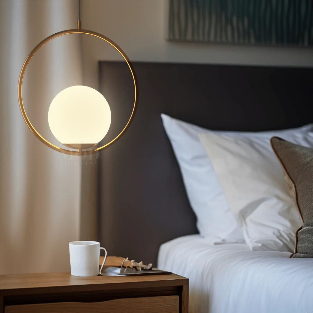 Opal Glass Cage Pendant Light - Gold Round Frame Beside Bed