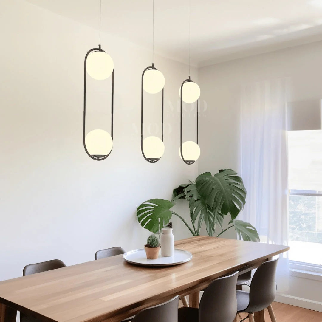 Opal Glass Cage Pendant Light - Three Double-Globe Pendants Above Dining Table