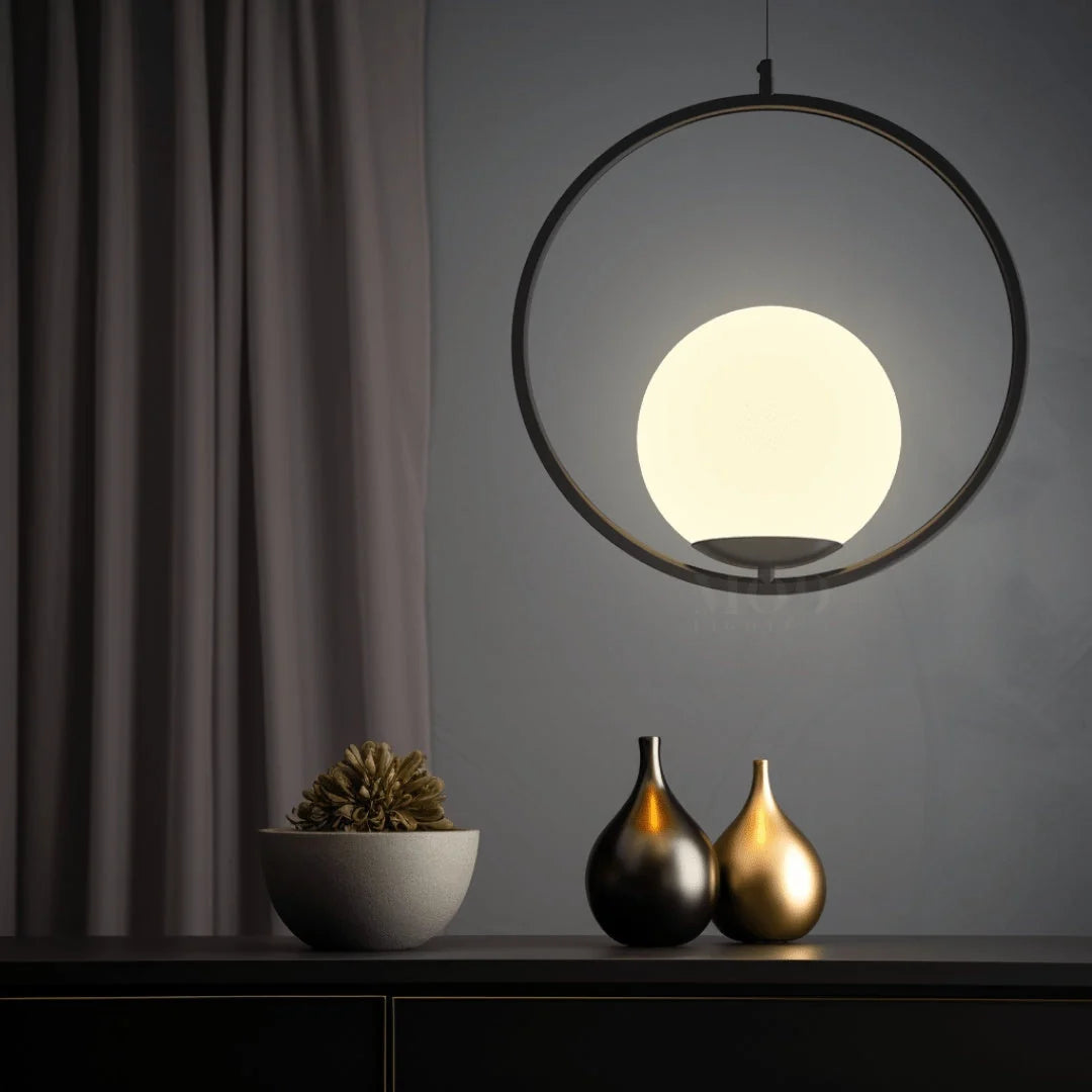 Opal Glass Cage Pendant Light - Black Round Frame on Dark Wall