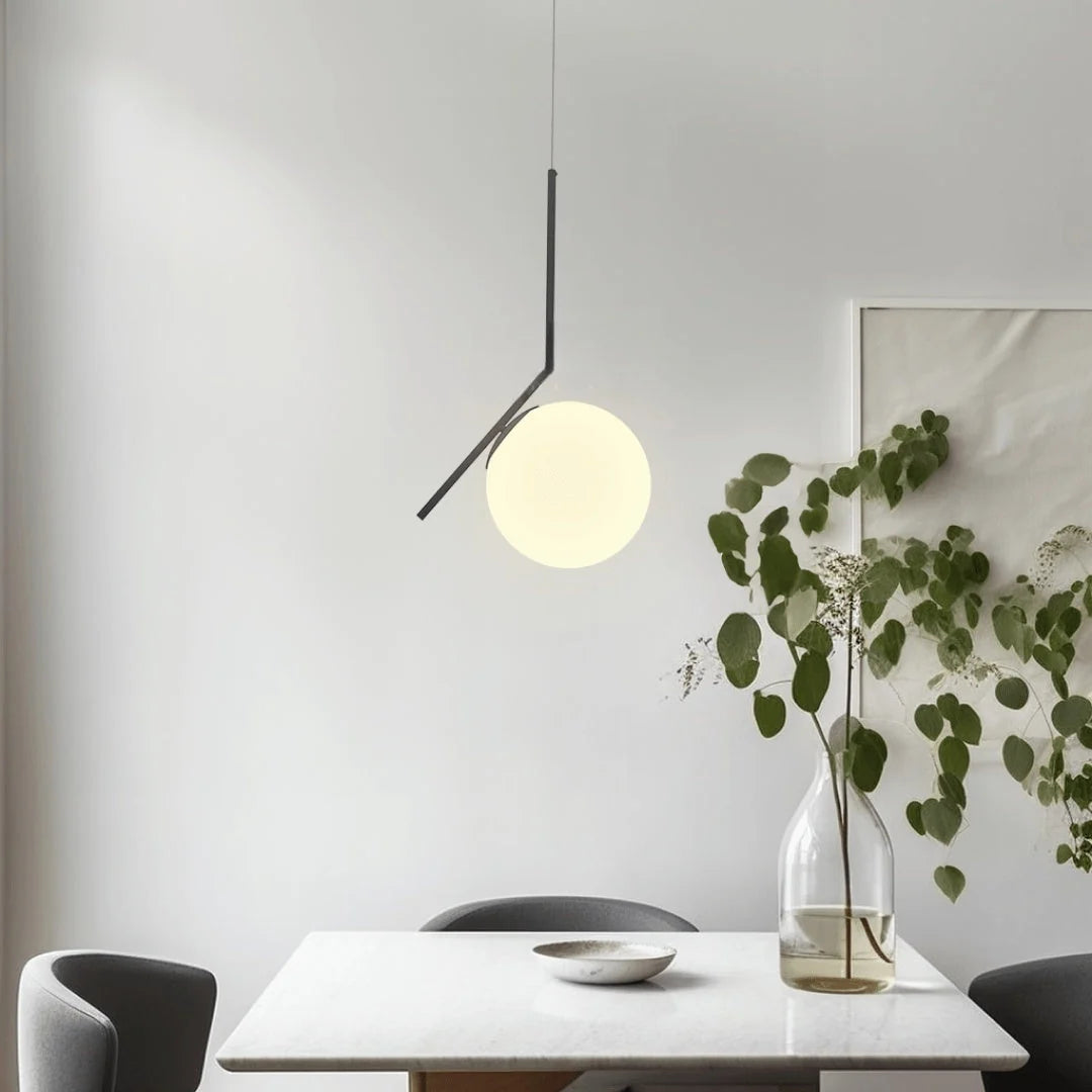 Opal Glass Cage Pendant Light - Black Angled Arm Above Table