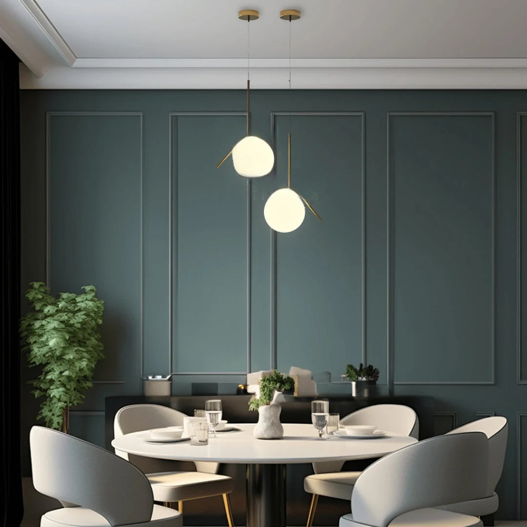Opal Glass Cage Pendant Light - Two Gold Globes Above Round Dining Table