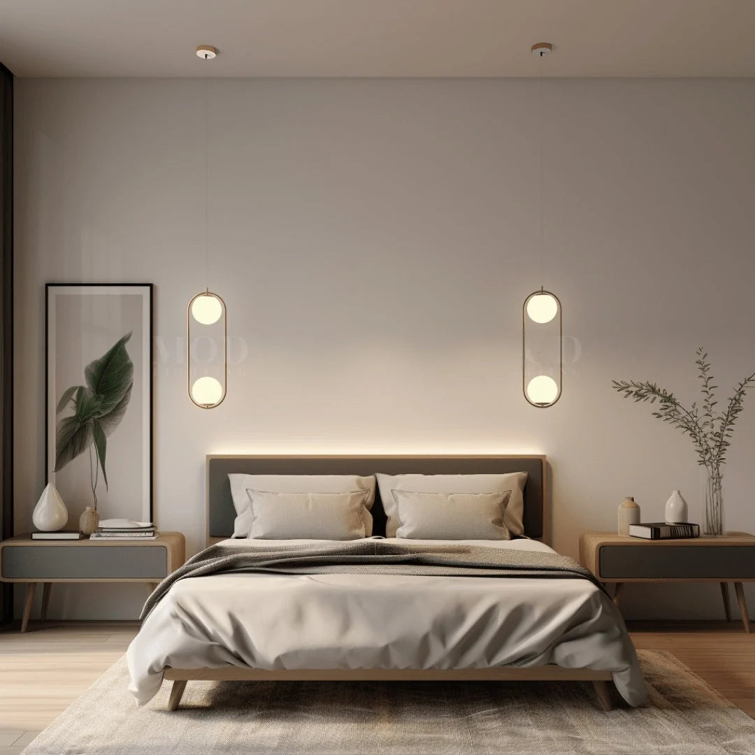 Opal Glass Cage Pendant Light - Pair of Double-Globe Pendants Either Side of Bed