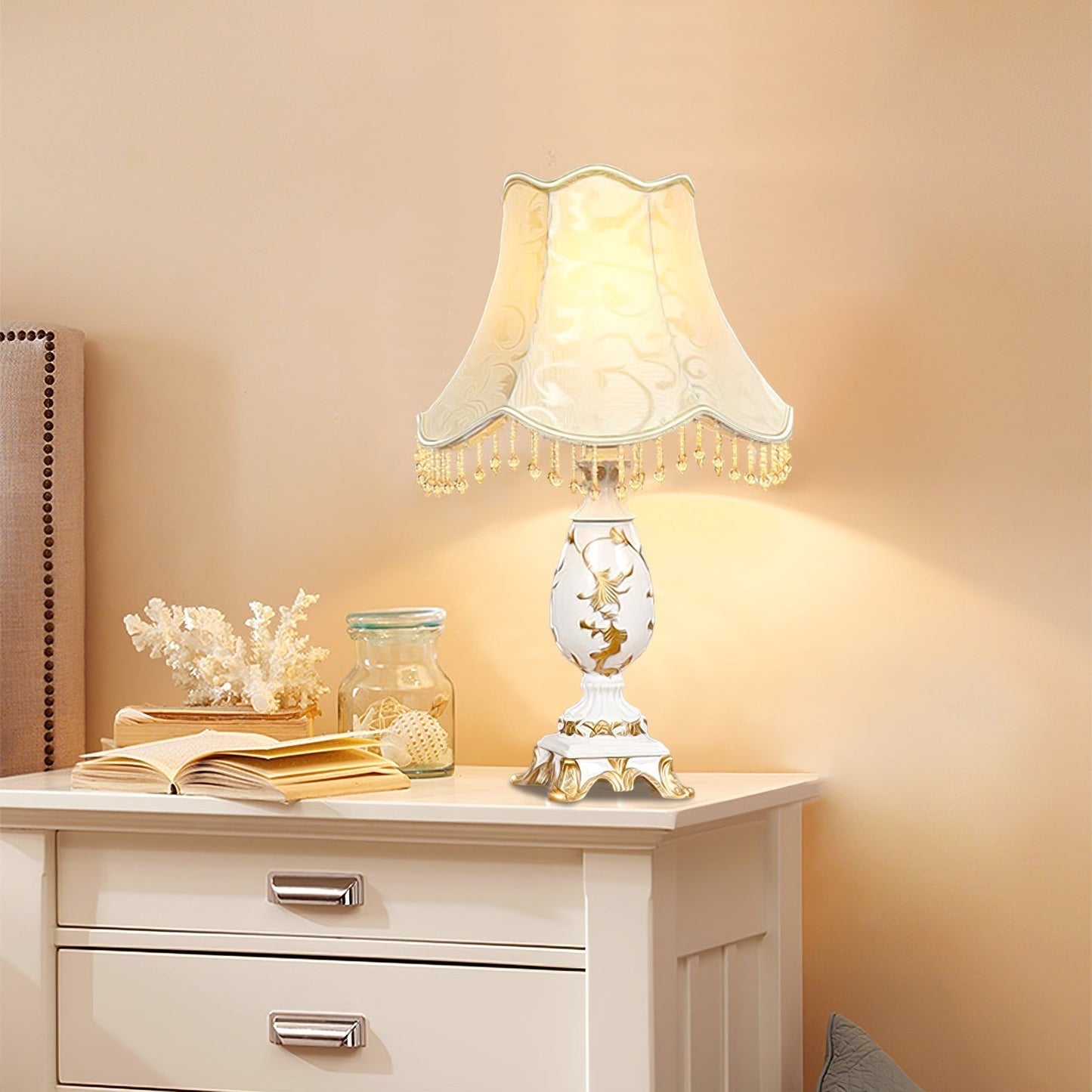 European Gold-Pattern Resin & Bead Table Lamp | 31cm 43cm Bedside