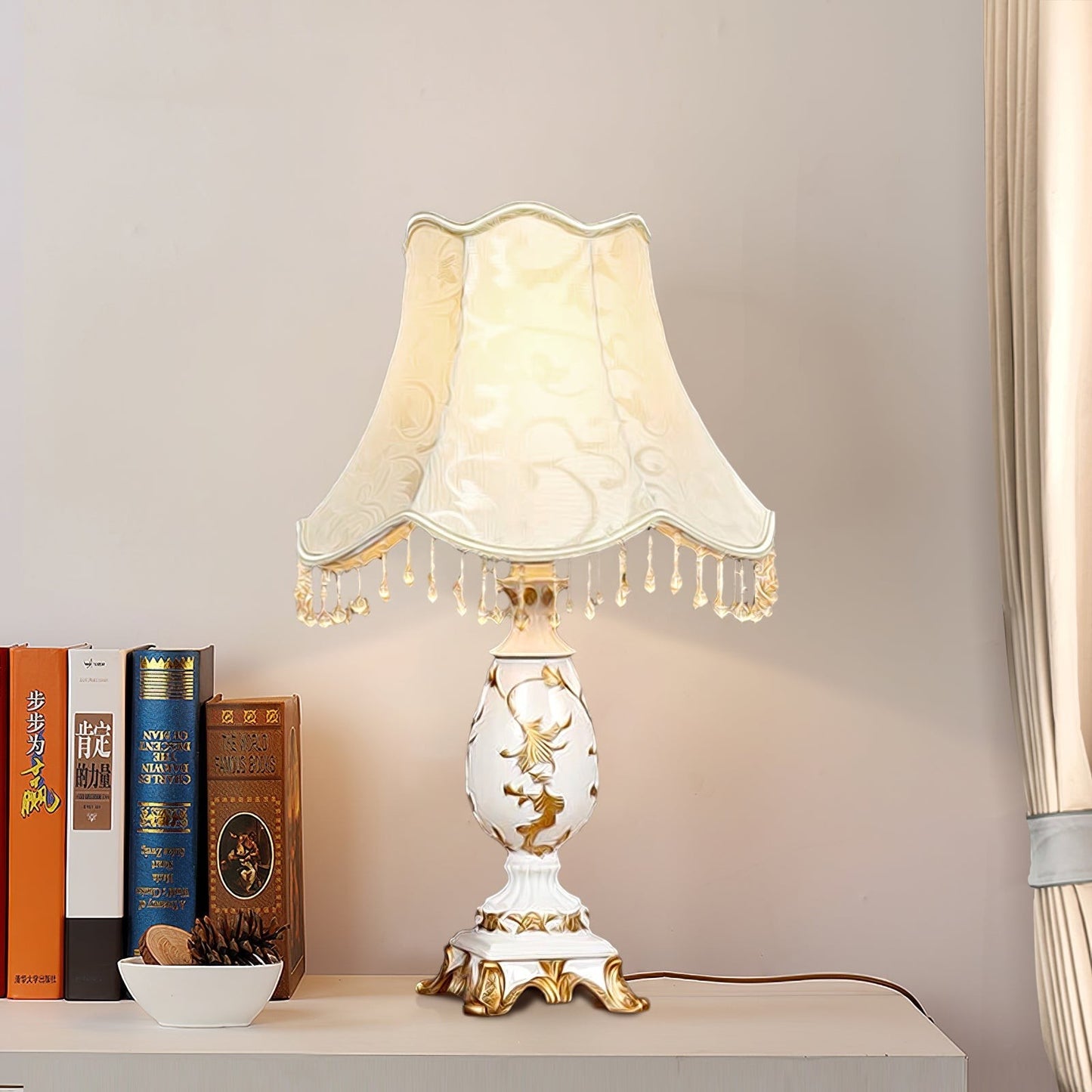 European Gold-Pattern Resin & Bead Table Lamp | 31cm 43cm Bedside