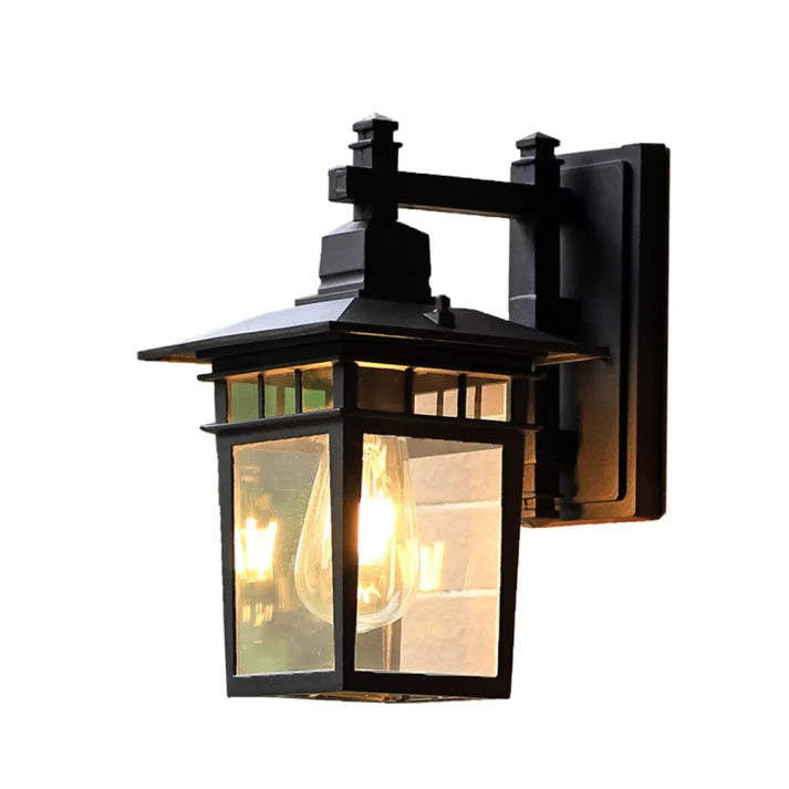 Clear Glass Outdoor Wall Lantern - Black Finish on White Background