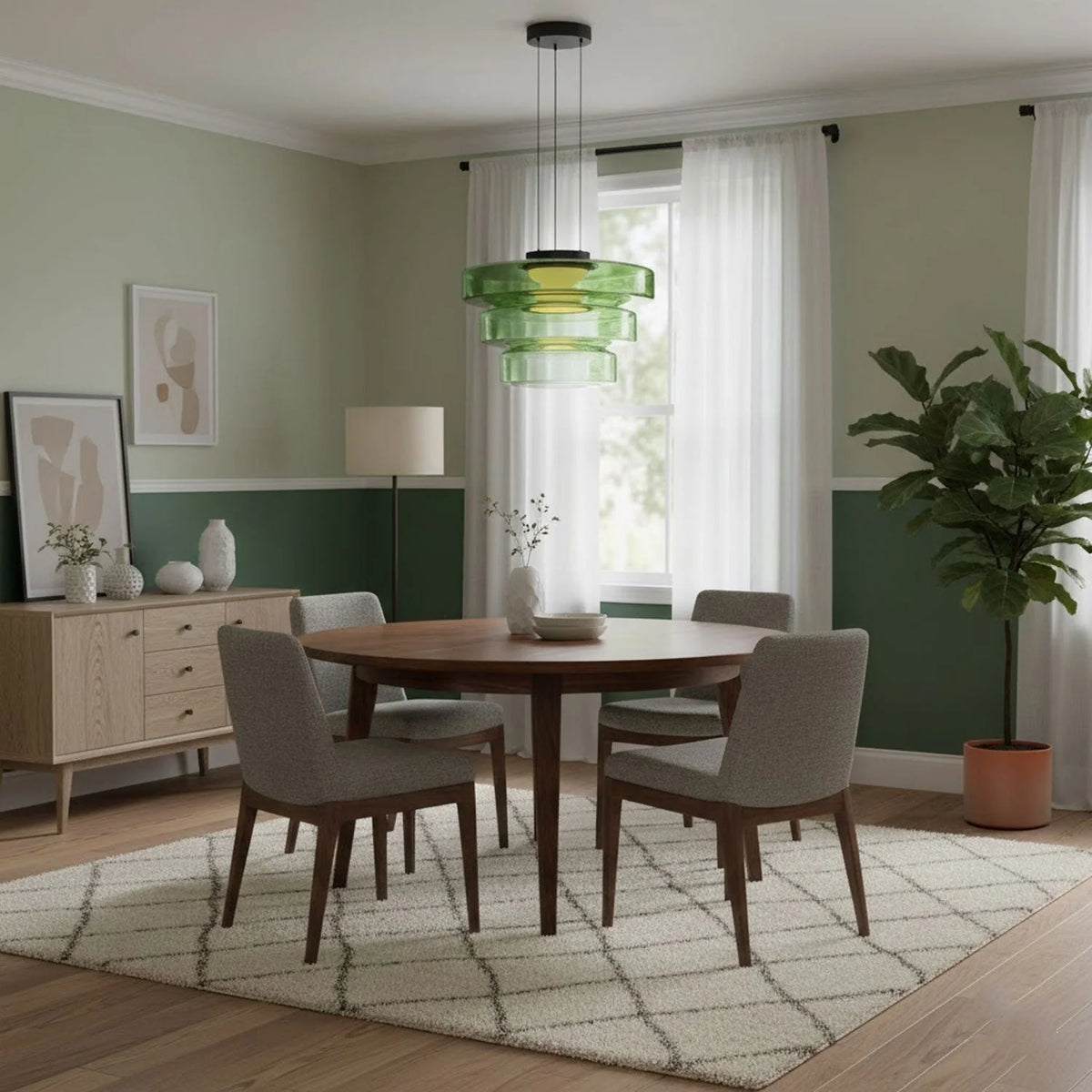 Tinted Glass Pendant Light - Green Three-Tier in Green Dining Room