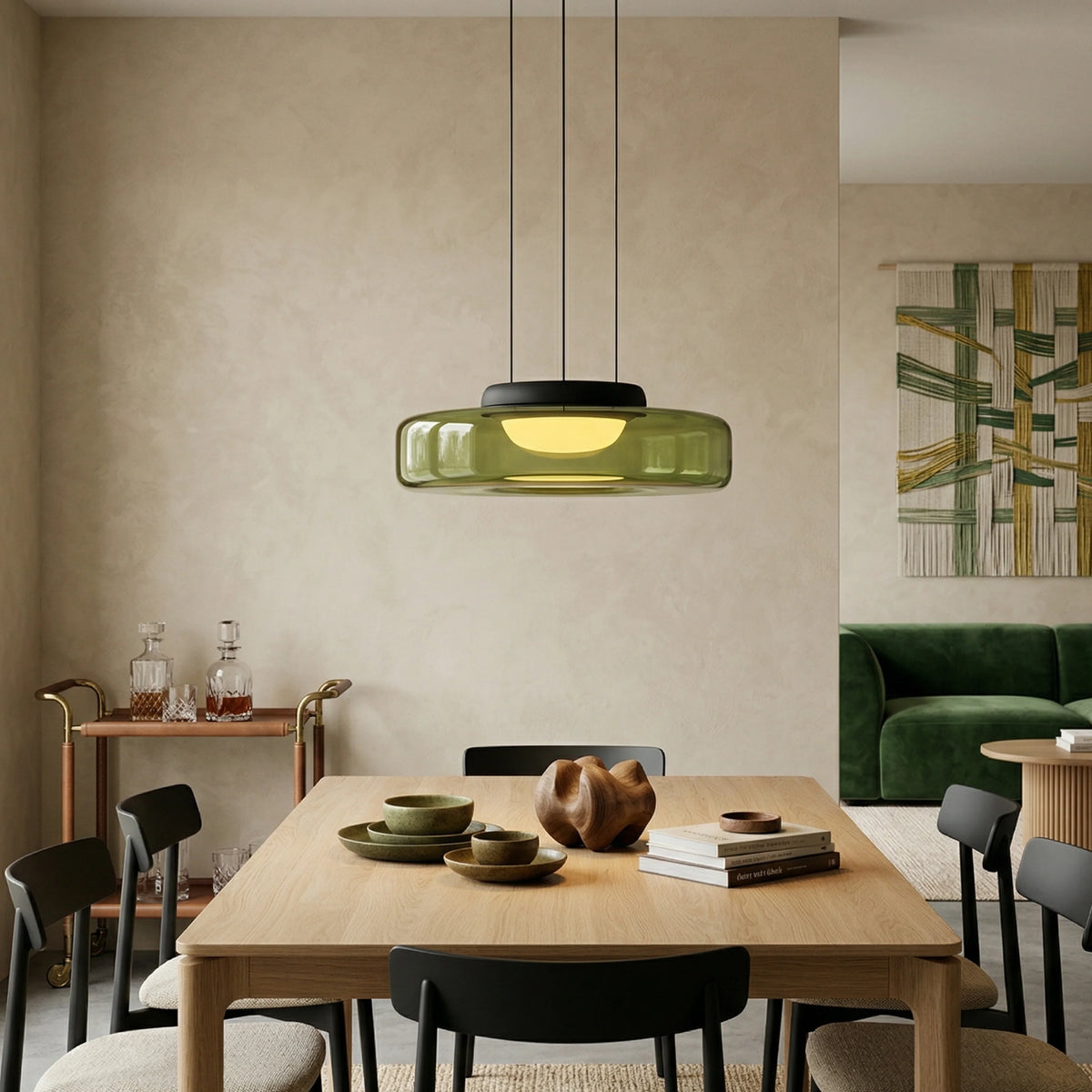 Tinted Glass Pendant Light - Green Single Tier Above Wooden Table