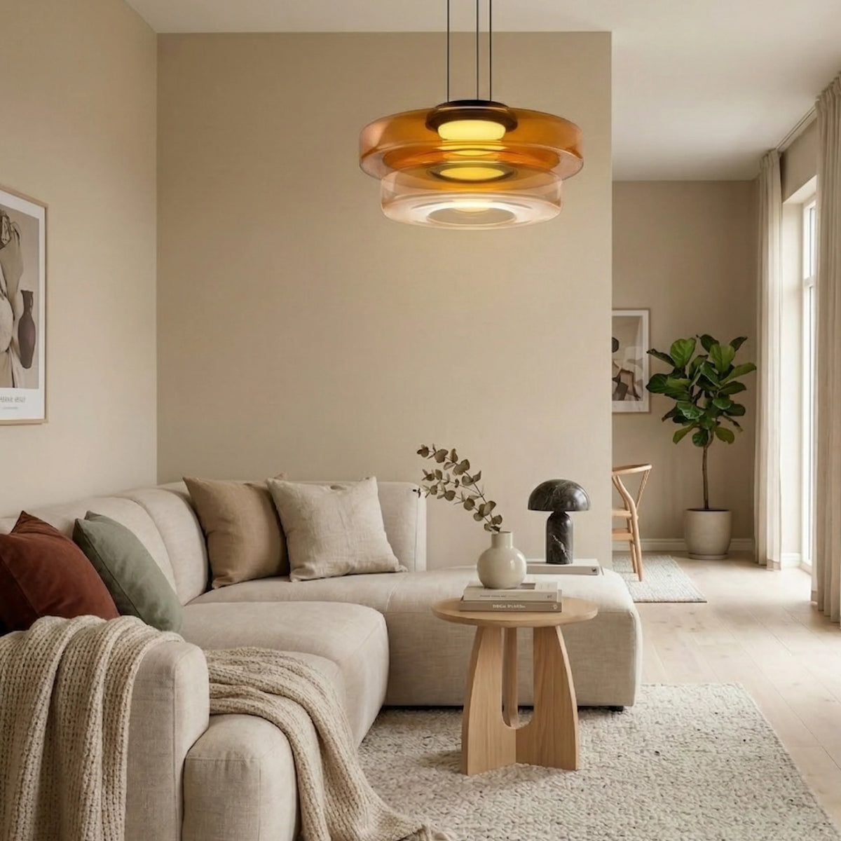 Tinted Glass Pendant Light - Amber Two-Tier in Living Room