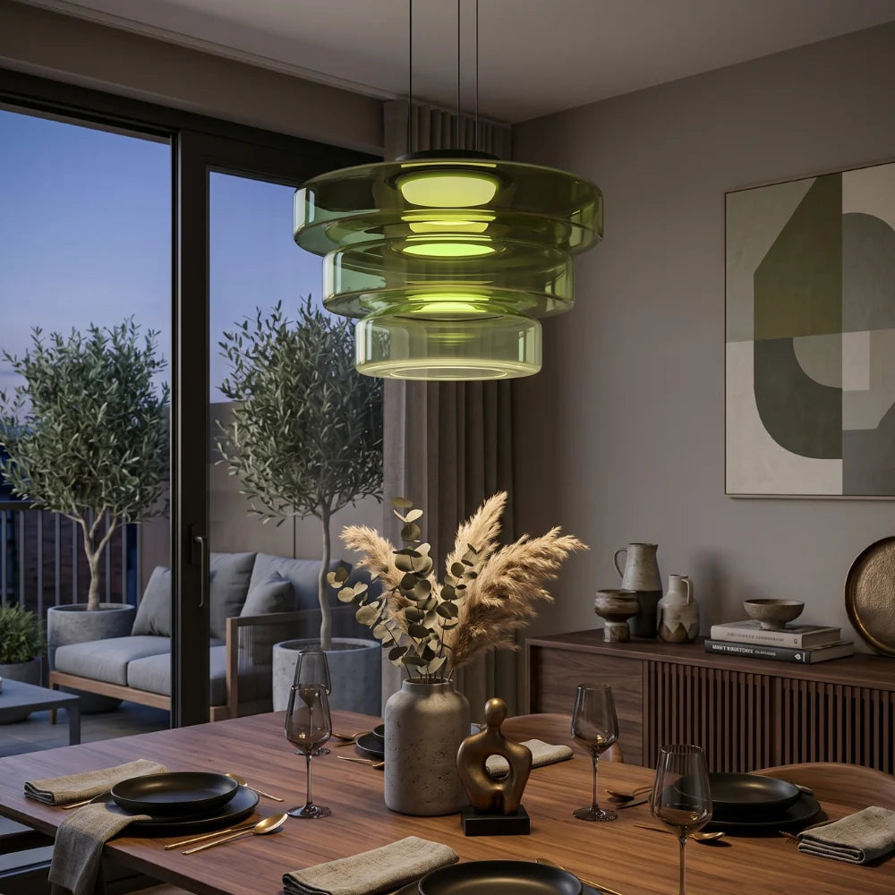 Tinted Glass Pendant Light - Green Three-Tier Above Dining Table