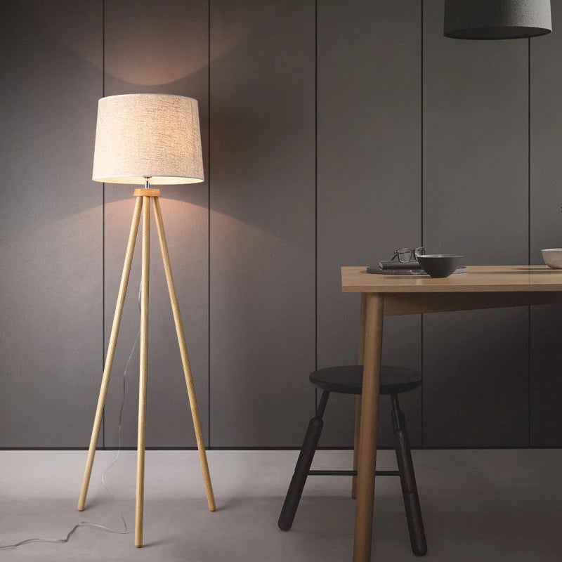 Wooden Tripod Floor Lamp with Linen Drum Shade - Beside Dining Table