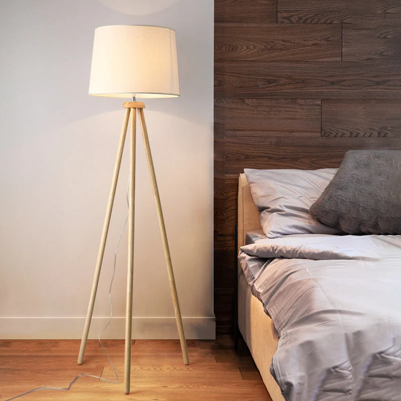 Wooden Tripod Floor Lamp with Linen Drum Shade - Beside Bed