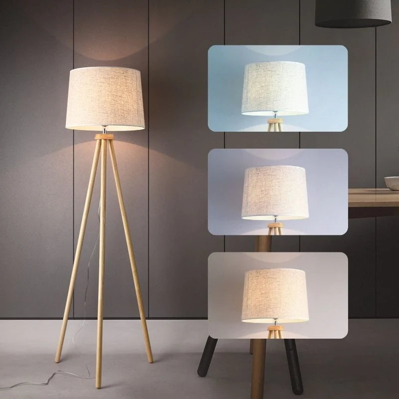 Wooden Tripod Floor Lamp with Linen Drum Shade - Shown in Three Light Tones
