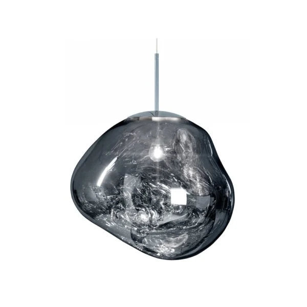 Molten Mirrored Globe Pendant Light - Silver Finish, Lit Close View