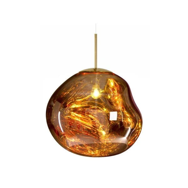 Molten Mirrored Globe Pendant Light - Gold Finish, Lit Close View