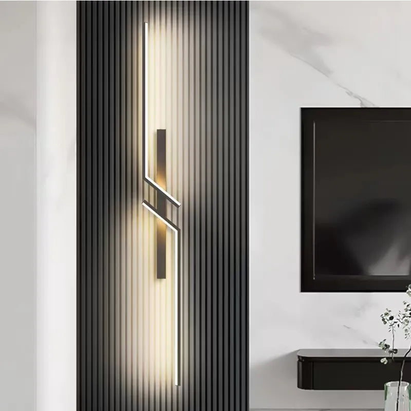 Linear Cross LED Wall Light - Close View on Dark Slatted Wall