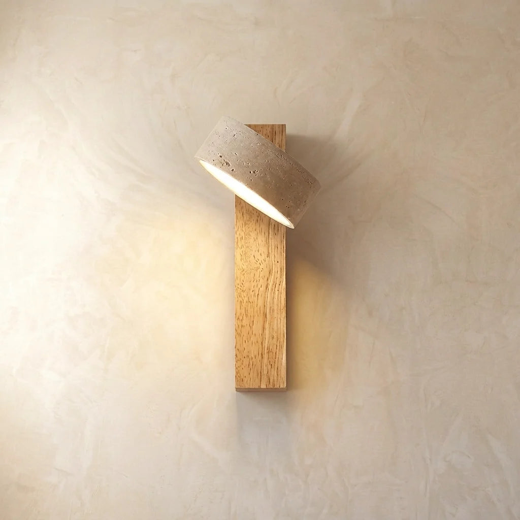 Travertine Wall Sconce - Natural Wood Back, Lit