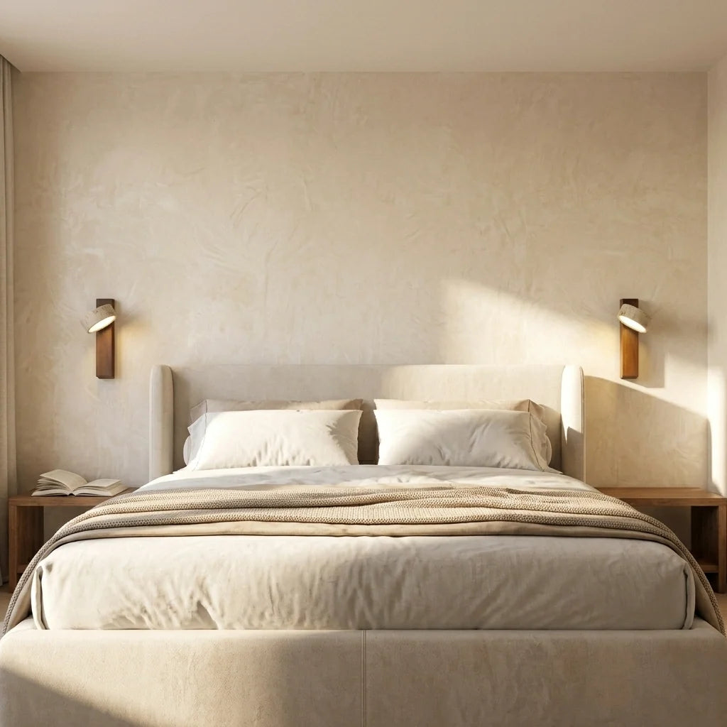 Travertine Wall Sconce - Pair Above Bedside Tables, Natural Wood