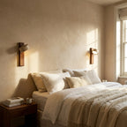 Travertine Wall Sconce - Pair with Walnut Back Beside Bed